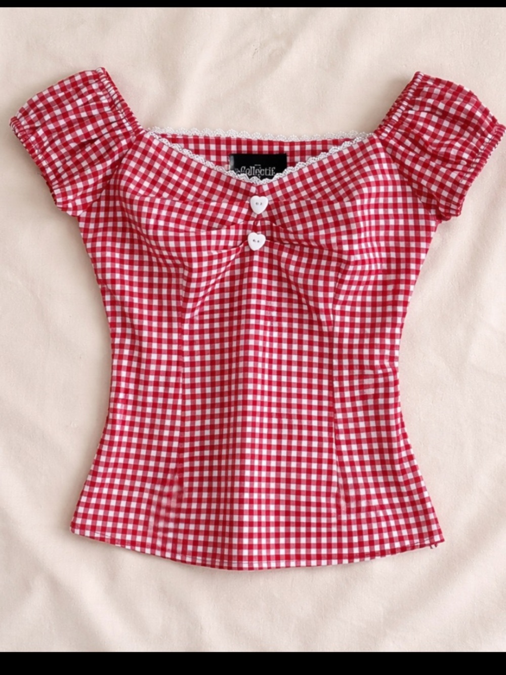 Collectif Red Gingham Off Shoulder Top Size XS Cottagecore Pinup Side Zip Blouse